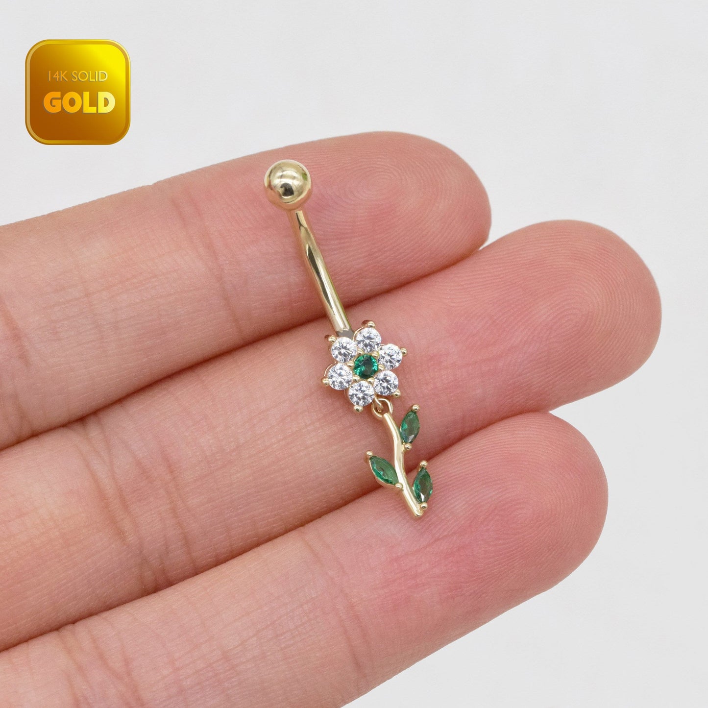 14k Solid Gold Flower Belly Ring Gold Navel Ring Dangly Flower Ring Sparkly Body Jewelry Flower Belly Piercing Dangly Navel Piercing 14g