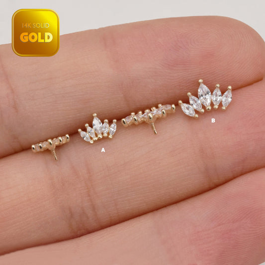 14k Solid Gold Marquise Crown Cartilage Earring Climber Helix Tragus Earring Internally Threaded Earring Conch Earring Flat Back Earring