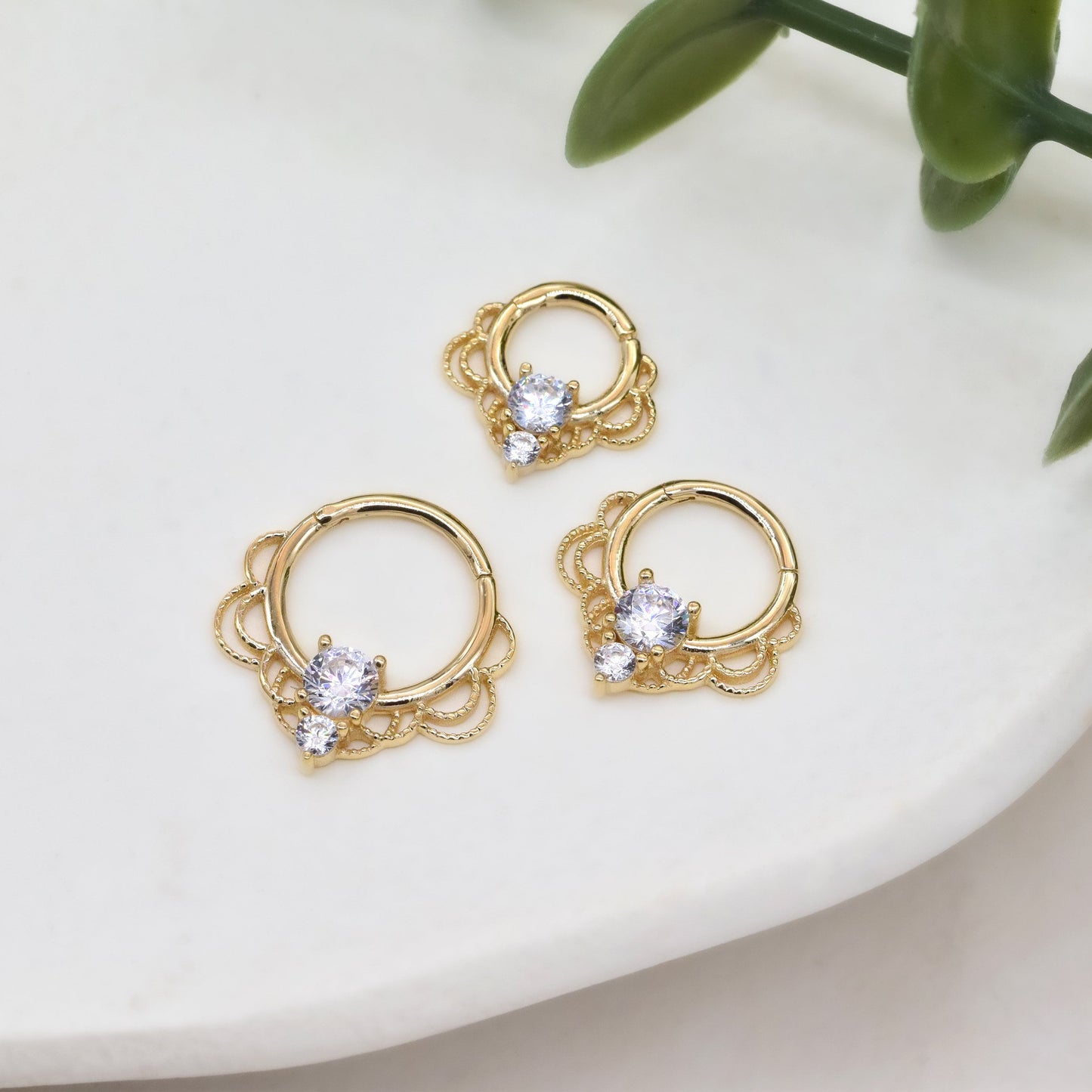 14k Solid Gold Dainty Cartilage Hoop Clicker Flower Lace Shaped Nose Ring CZ Diamond Gold Spetum Hoop Clicker Conch Tragus Helix Hoop 16g