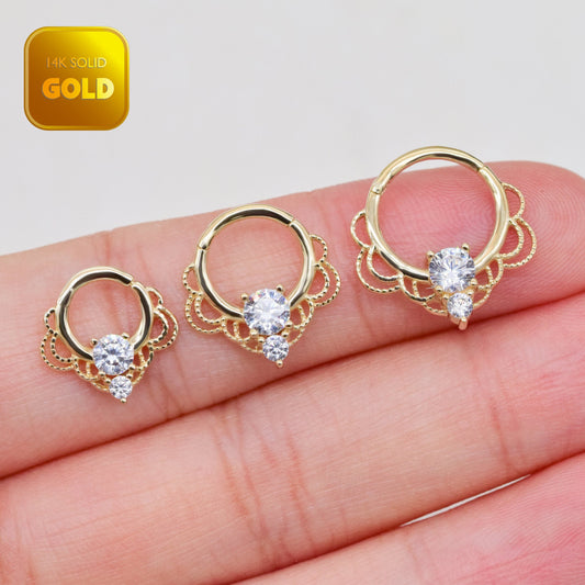 14k Solid Gold Dainty Cartilage Hoop Clicker Flower Lace Shaped Nose Ring CZ Diamond Gold Spetum Hoop Clicker Conch Tragus Helix Hoop 16g