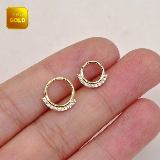 14k Solid Gold Hinged Segment Hoop Rings Forward Facing Double Lined CZ Septum Ring Daith Piercing Nose Ring Tragus Cartilage Conch Hoop 18g