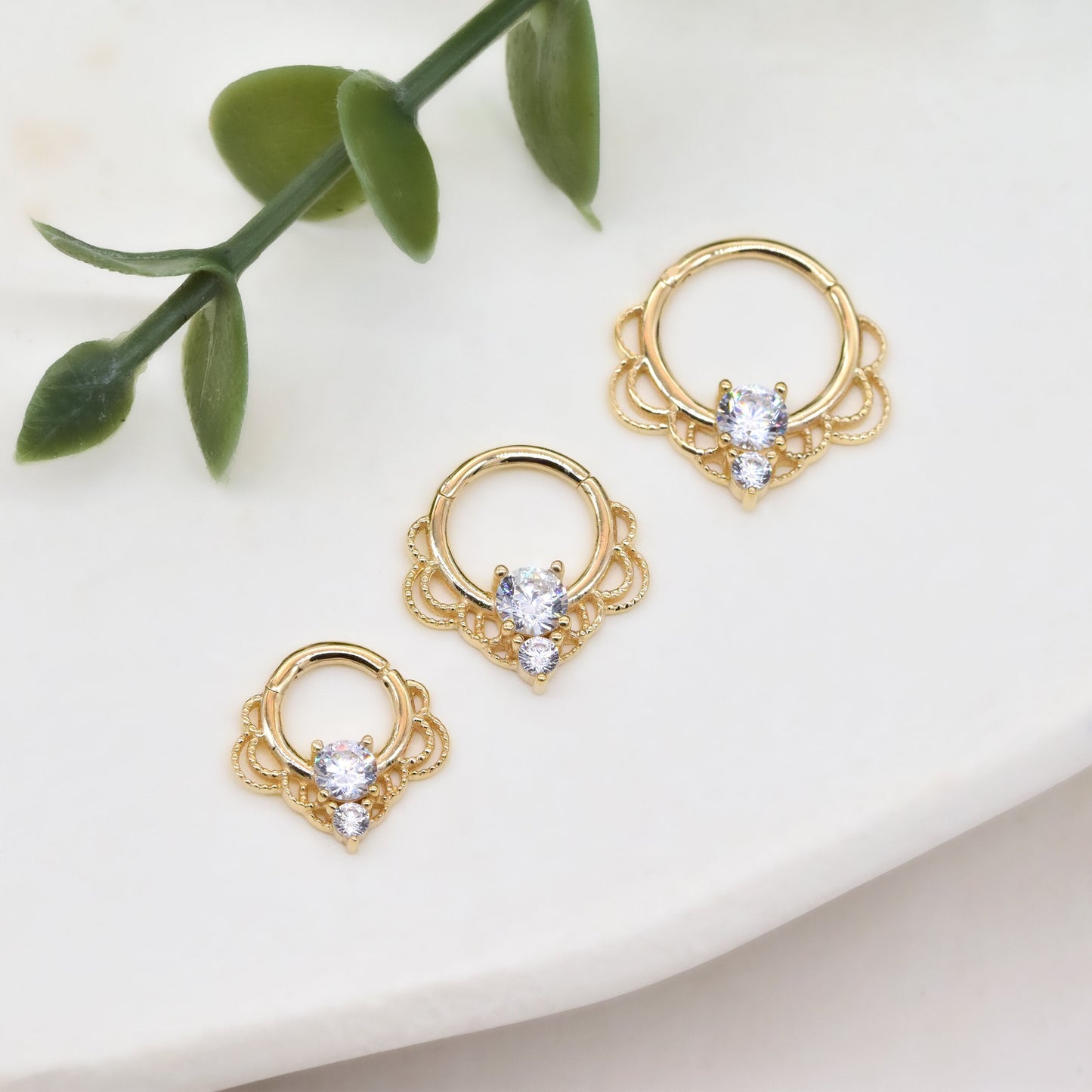 14k Solid Gold Dainty Cartilage Hoop Clicker Flower Lace Shaped Nose Ring CZ Diamond Gold Spetum Hoop Clicker Conch Tragus Helix Hoop 16g