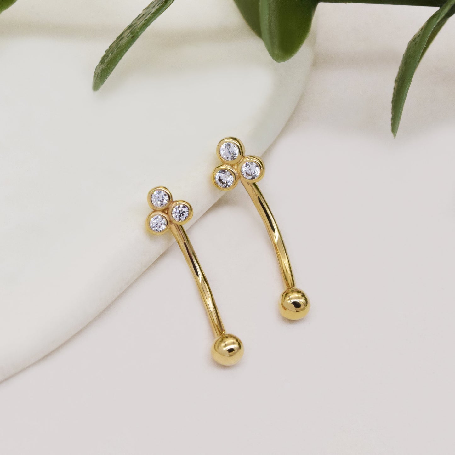 14k Solid Gold Floral Trinity Bezel CZ Curved Barbell Earring Gold Eyebrow Ring Cartilage Daith Helix Rook Earring Body Piercing Jewelry 16G