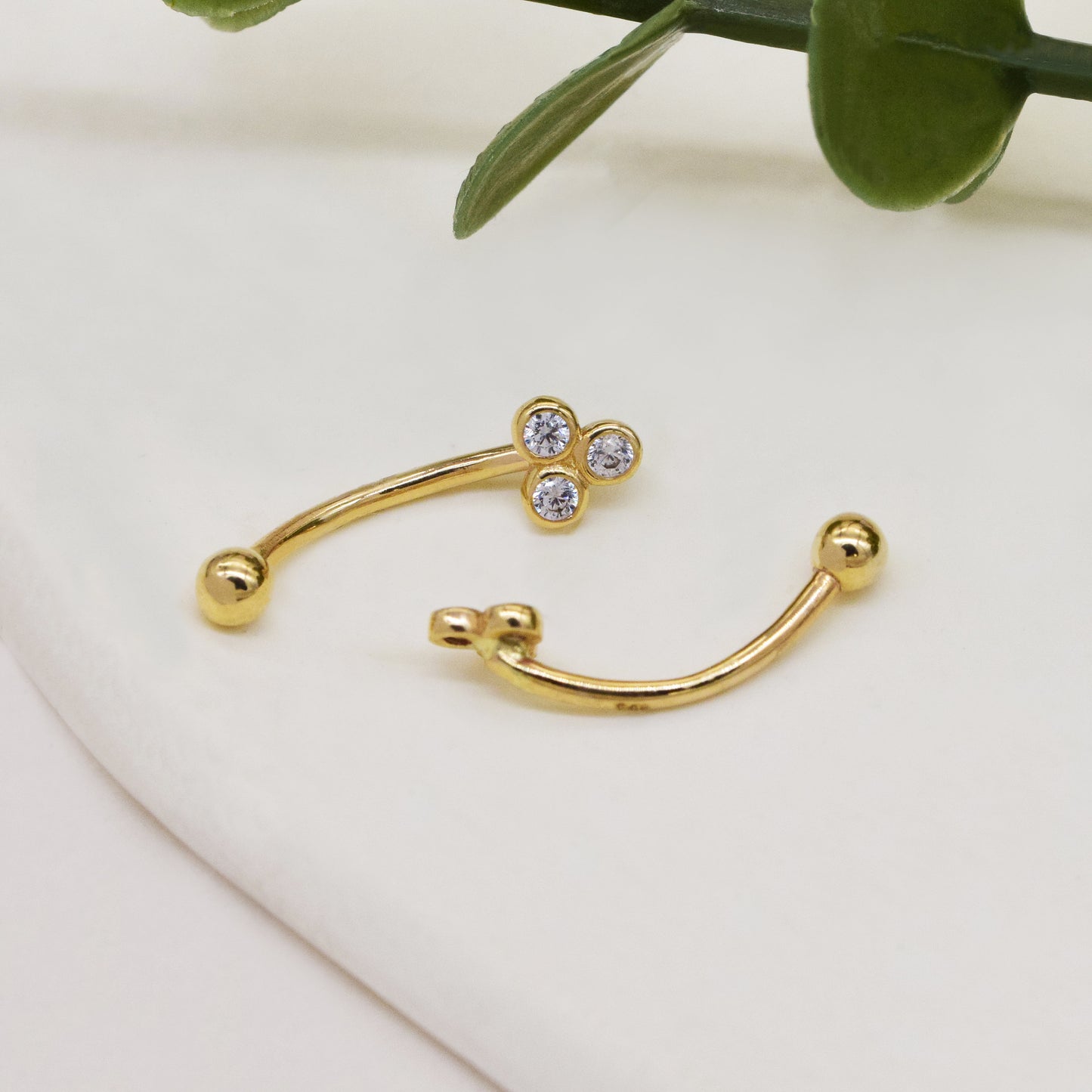 14k Solid Gold Floral Trinity Bezel CZ Curved Barbell Earring Gold Eyebrow Ring Cartilage Daith Helix Rook Earring Body Piercing Jewelry 16G