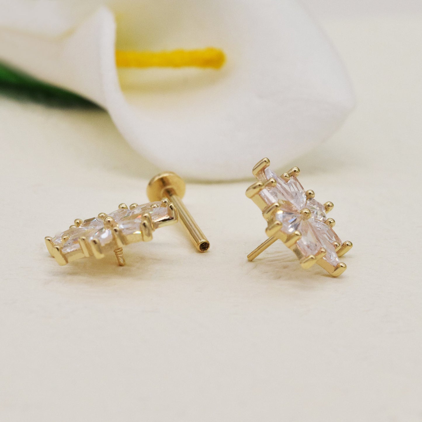 14k Solid Gold Starburst Rhombus Cartilage Earring Conch Stud Helix Stud Tragus Earring Internally Threaded Earring Screw Flat Back Earring