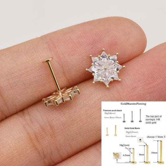 14k Solid Gold Starburst Rhombus Cartilage Earring Conch Stud Helix Stud Tragus Earring Internally Threaded Earring Screw Flat Back Earring