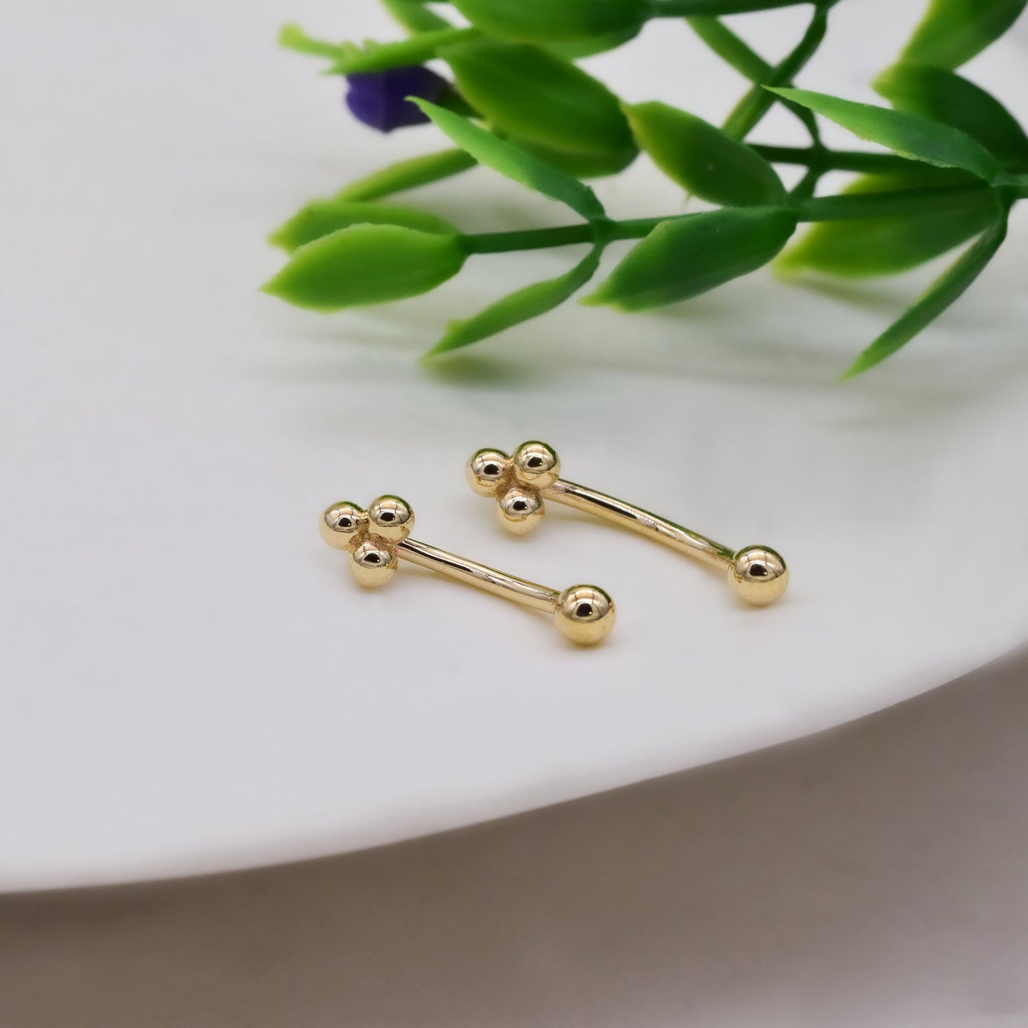 14K Solid Gold Trinity Ball Rook Earrig Eyebrow Ring Cartilage Daith Helix Conch Curved Barbell Earring Gold Body Piercing Jewelry 16G