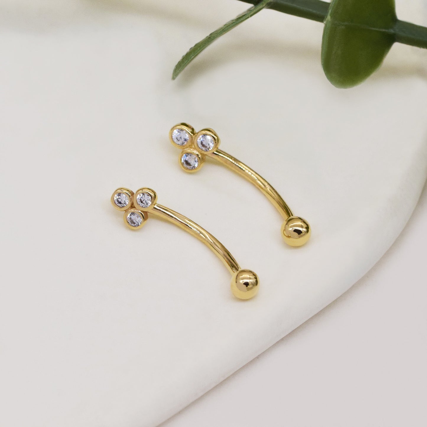 14k Solid Gold Floral Trinity Bezel CZ Curved Barbell Earring Gold Eyebrow Ring Cartilage Daith Helix Rook Earring Body Piercing Jewelry 16G