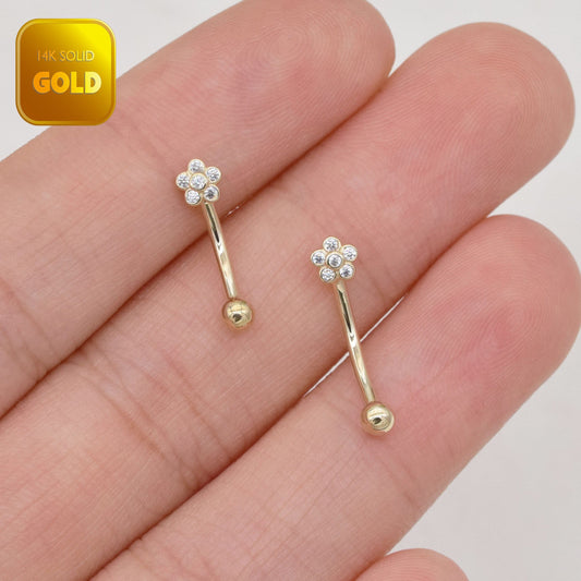 14k Solid Gold Flower Rook Earring Bezel CZ Eyebrow Ring Gold Barbell Belly Button Tiny Flower Navel Ring Gift For Her 16g Gfit For Her