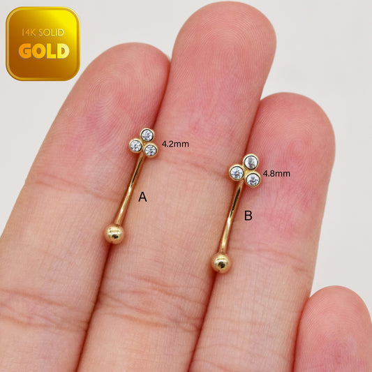 14k Solid Gold Floral Trinity Bezel CZ Curved Barbell Earring Gold Eyebrow Ring Cartilage Daith Helix Rook Earring Body Piercing Jewelry 16G