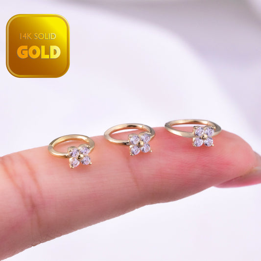 14k Solid Gold Flower Hoop Earring Flower Cartilage Piercing Septum Hoop Ring Gold Nose Ring Helix Daith Piercing Hinged Segment Clicker 16g