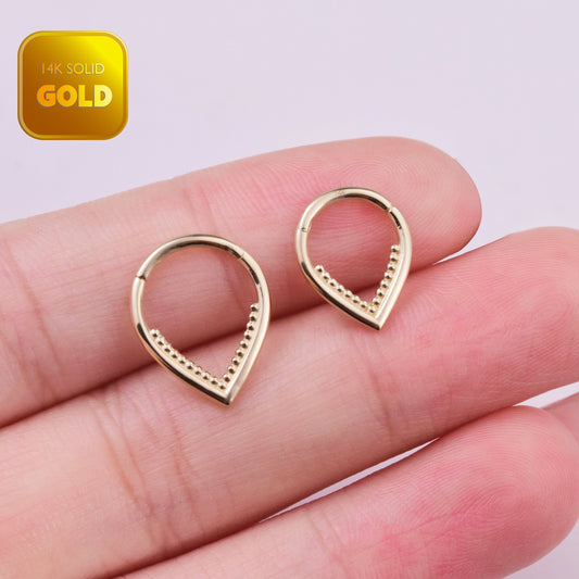 14k Solid Gold V shape Septum Ring Tear Drop Clicker Daith Earring Hinged Hoop Cliker Nose Piercing Dainty Helix Piercing Gold Nose Ring 16g