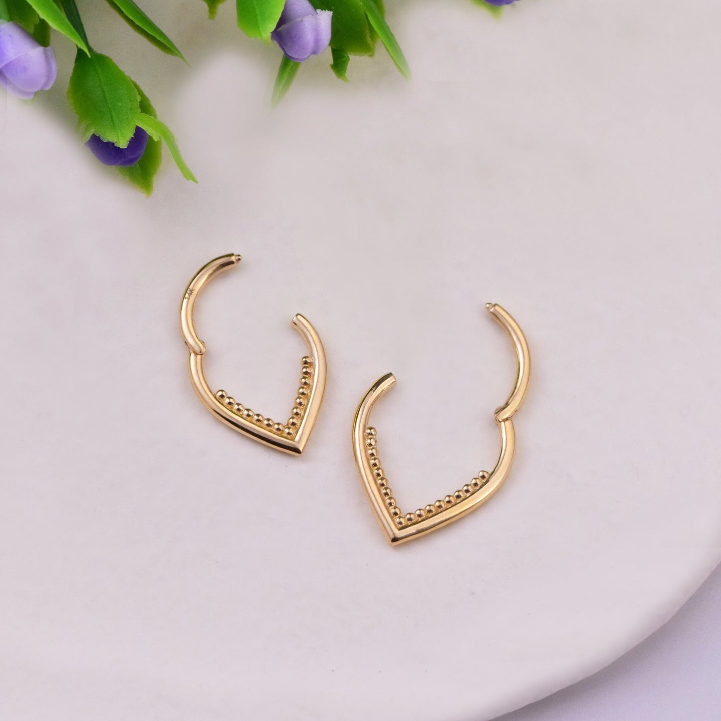 14k Solid Gold V shape Septum Ring Tear Drop Clicker Daith Earring Hinged Hoop Cliker Nose Piercing Dainty Helix Piercing Gold Nose Ring 16g