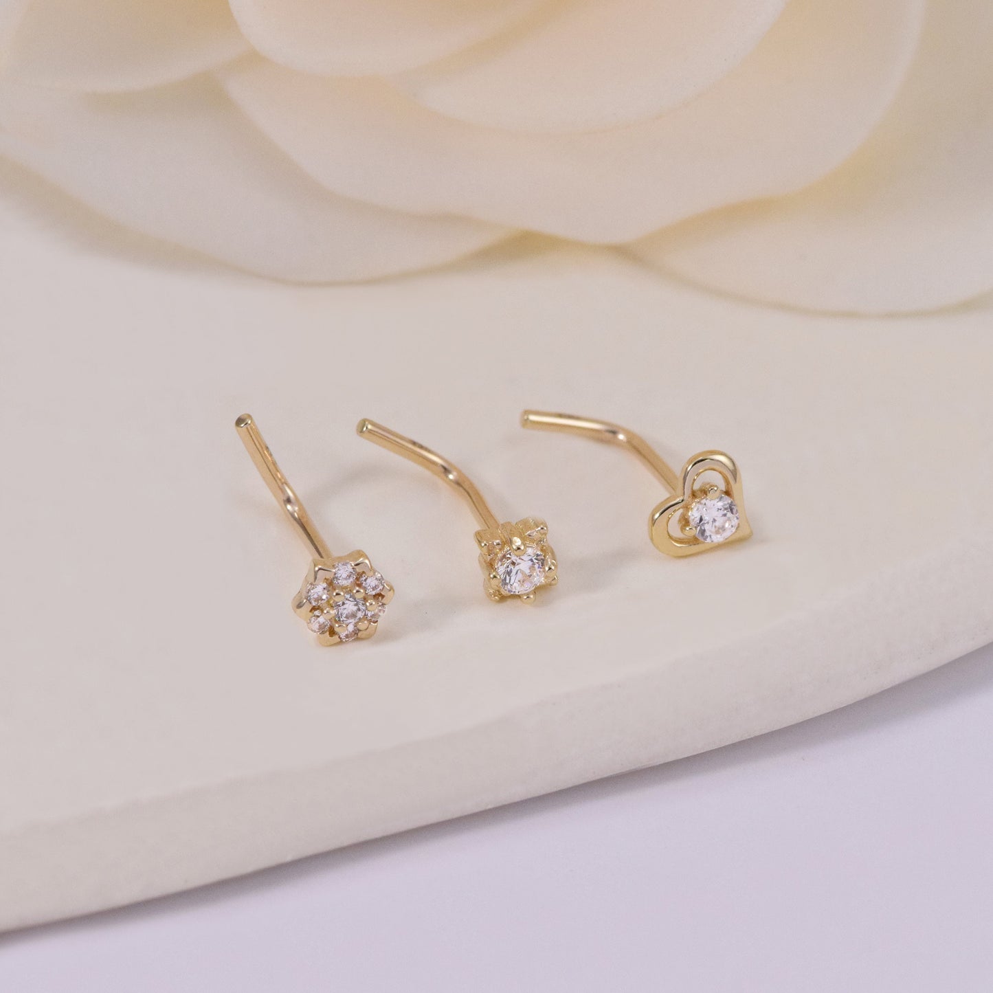 14k Solid Gold Flower L-Shaped Nose Studs Tiny Star Nose Stud Ring Heart Nose Piercing Dainty Nose Ring  Star Nostril Stud Nose Jewelry 20g