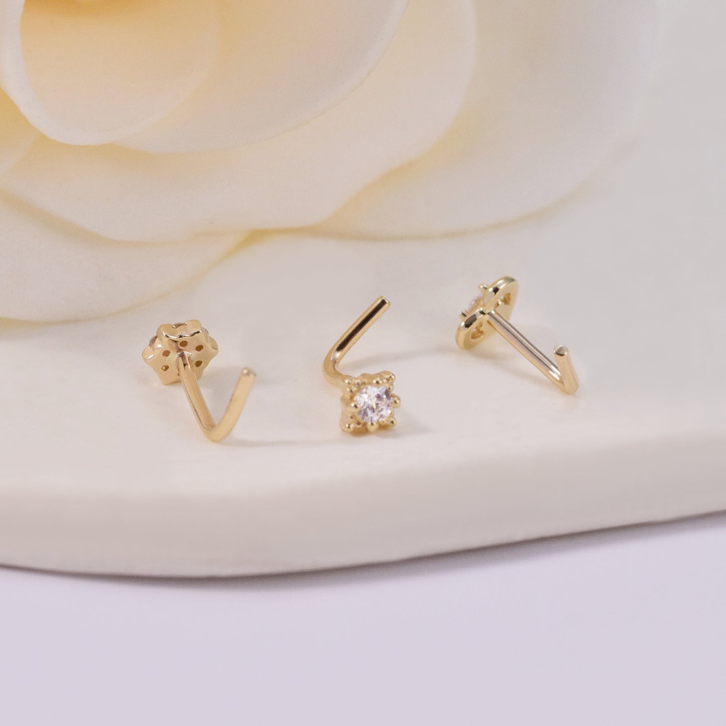 14k Solid Gold Flower L-Shaped Nose Studs Tiny Star Nose Stud Ring Heart Nose Piercing Dainty Nose Ring  Star Nostril Stud Nose Jewelry 20g