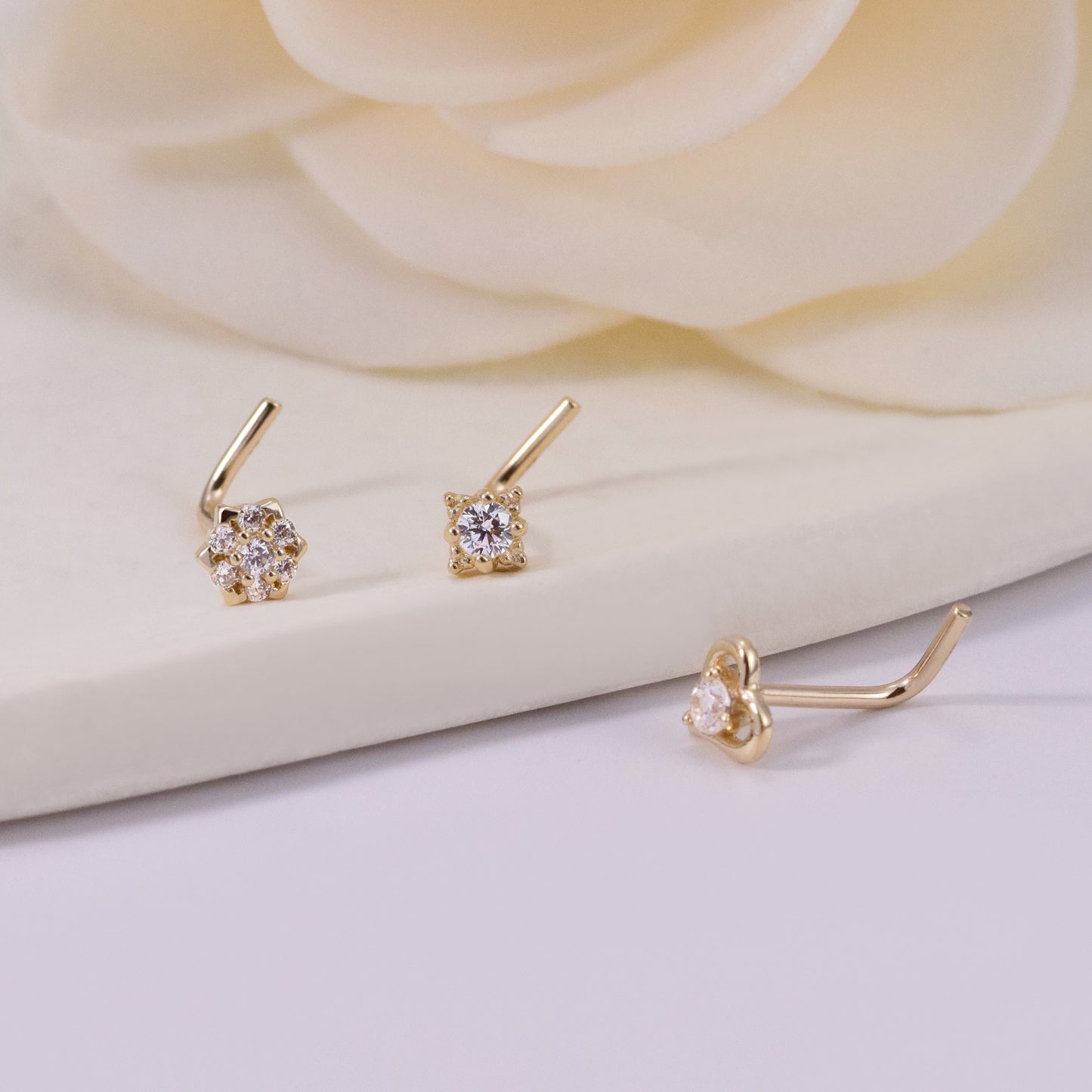 14k Solid Gold Flower L-Shaped Nose Studs Tiny Star Nose Stud Ring Heart Nose Piercing Dainty Nose Ring  Star Nostril Stud Nose Jewelry 20g