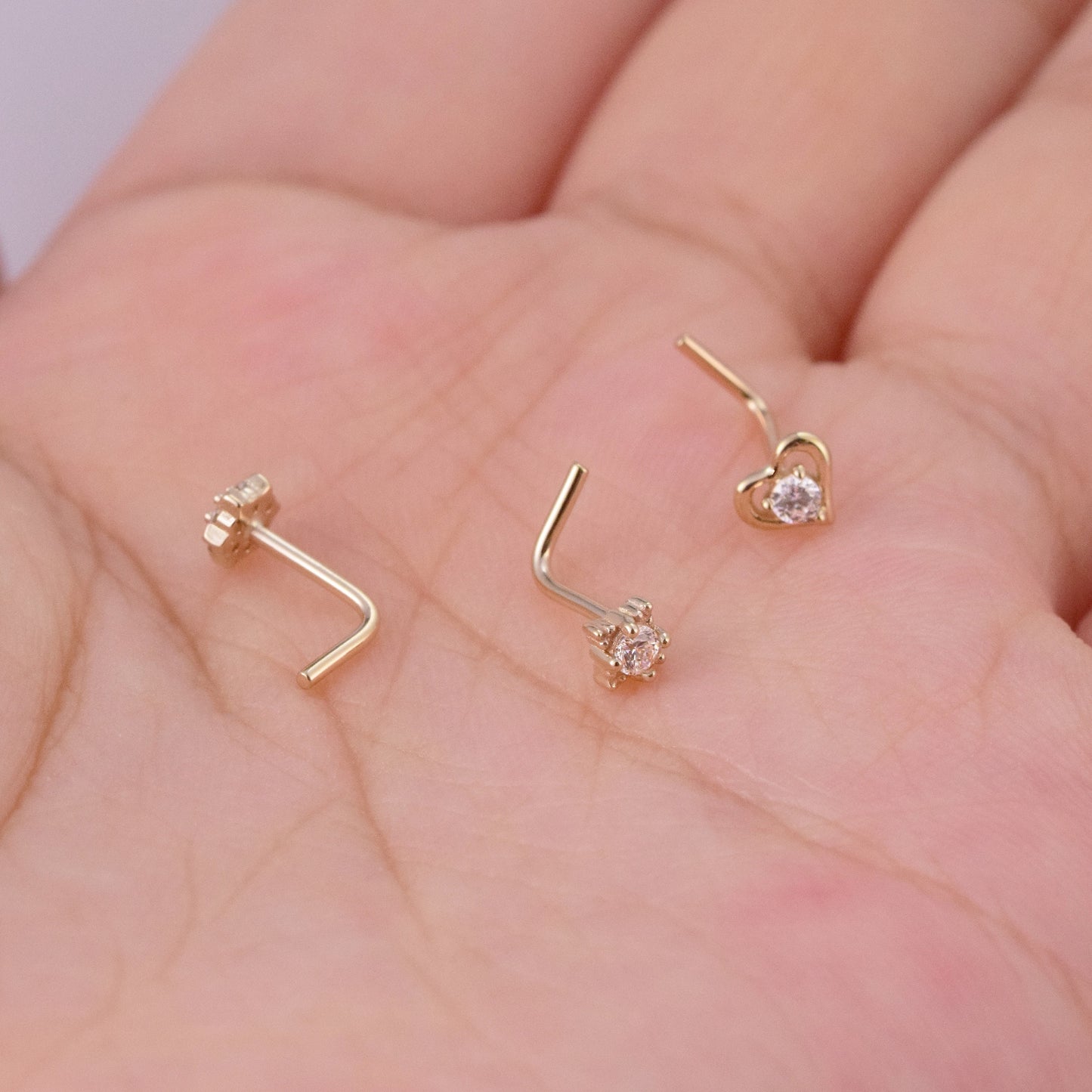 14k Solid Gold Flower L-Shaped Nose Studs Tiny Star Nose Stud Ring Heart Nose Piercing Dainty Nose Ring  Star Nostril Stud Nose Jewelry 20g