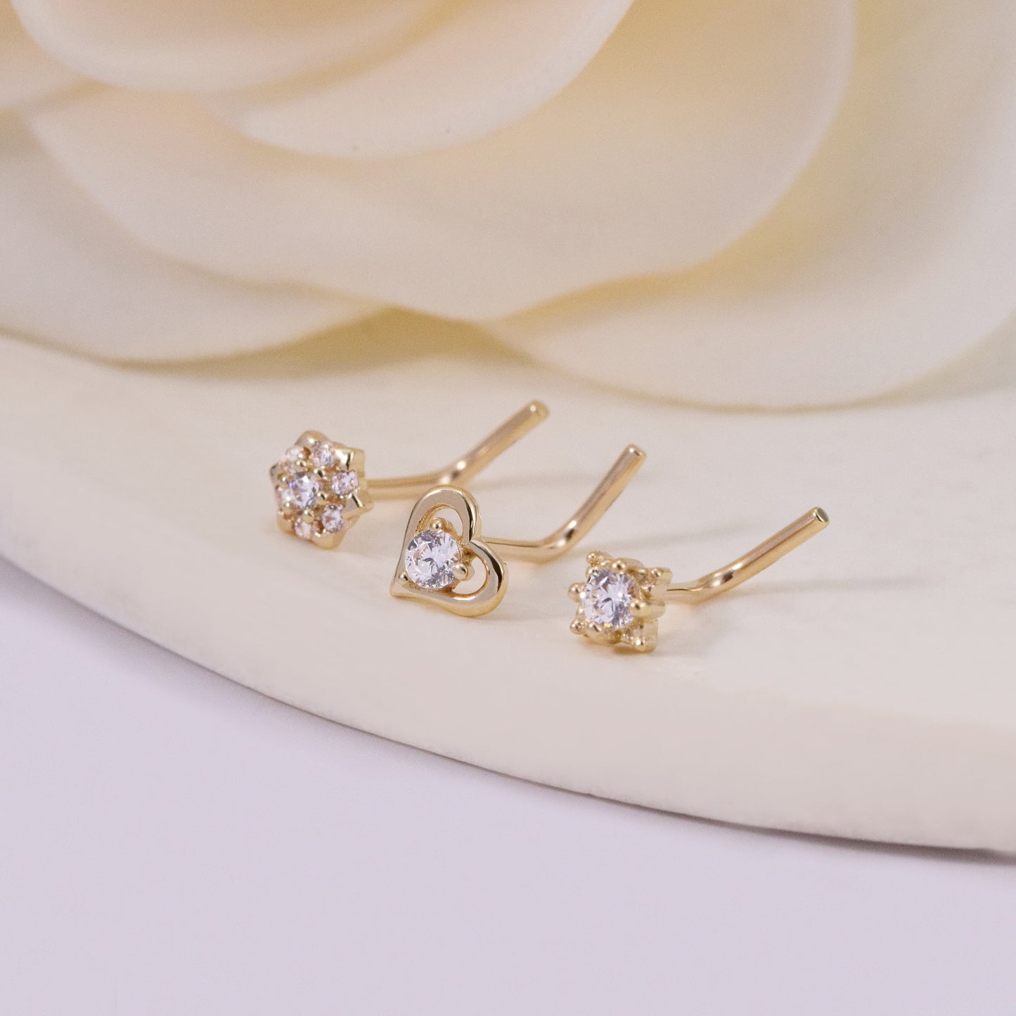 14k Solid Gold Flower L-Shaped Nose Studs Tiny Star Nose Stud Ring Heart Nose Piercing Dainty Nose Ring  Star Nostril Stud Nose Jewelry 20g