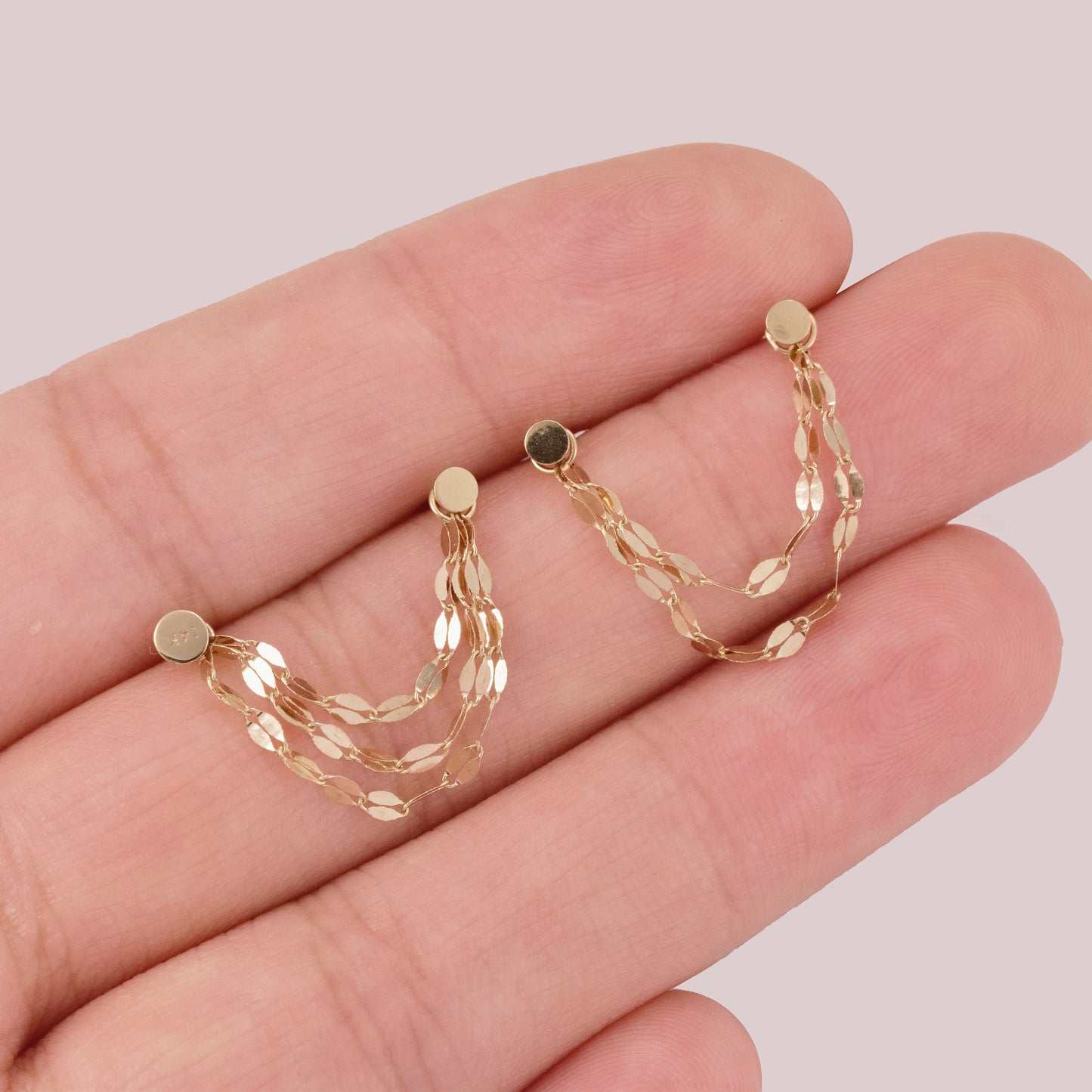 14K Solid Gold Sparkly Double Sequin Double Chain Attachment Triple Chain Piercing Dainty Cartilage Chain Loop Chain Earring Linking Chain