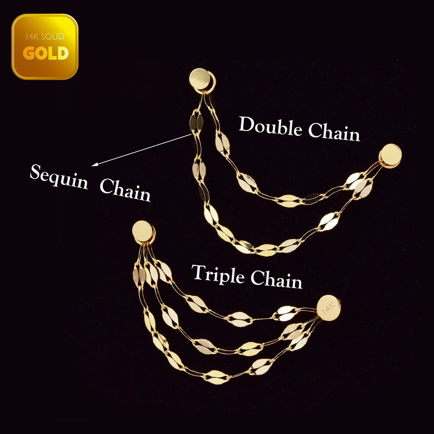 14K Solid Gold Sparkly Double Sequin Double Chain Attachment Triple Chain Piercing Dainty Cartilage Chain Loop Chain Earring Linking Chain