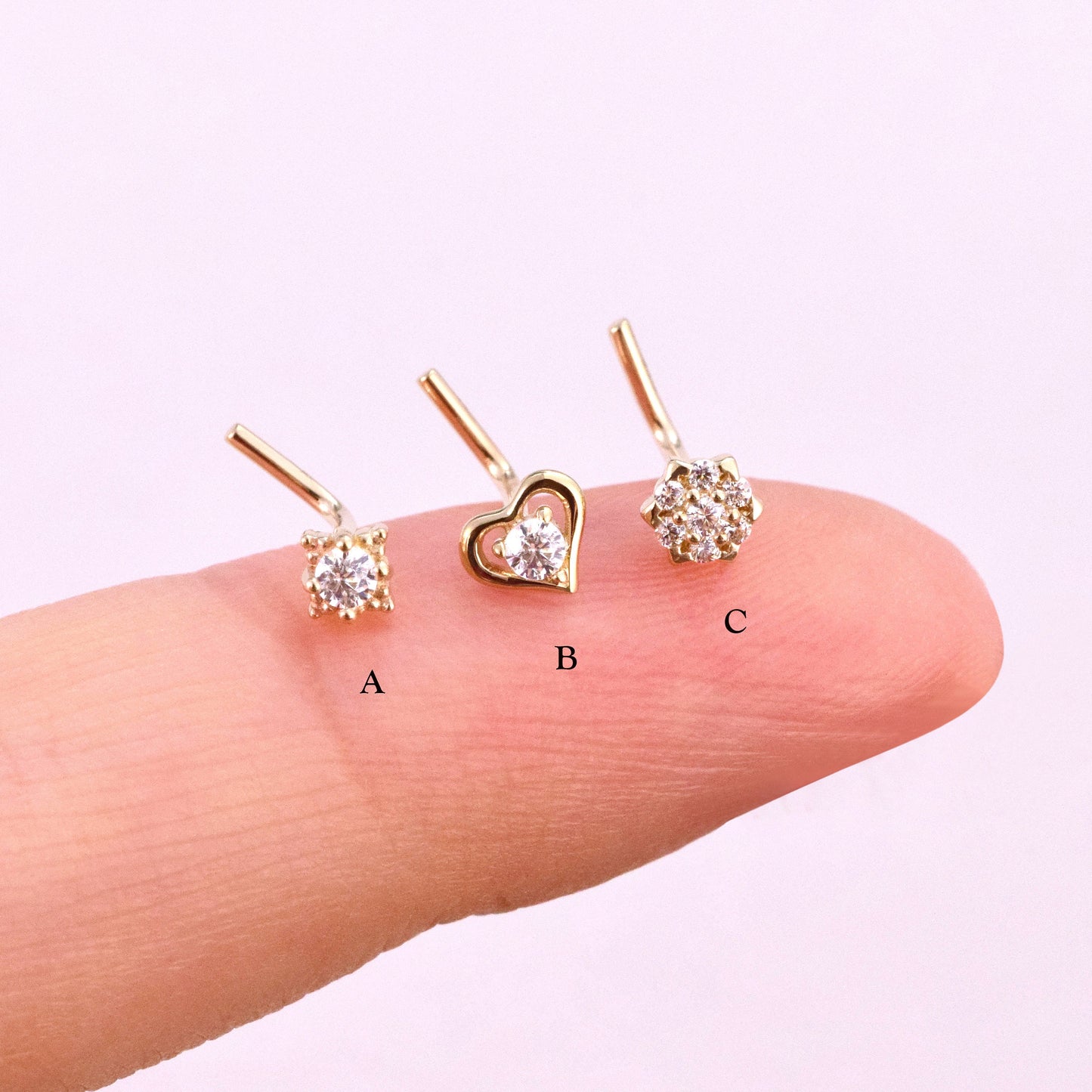 14k Solid Gold Flower L-Shaped Nose Studs Tiny Star Nose Stud Ring Heart Nose Piercing Dainty Nose Ring  Star Nostril Stud Nose Jewelry 20g