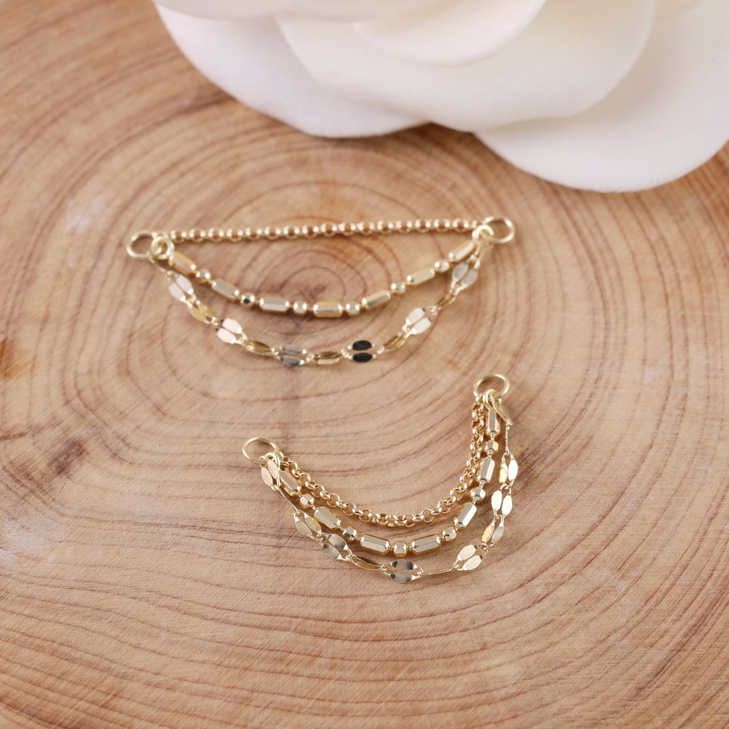 14K Solid Gold Triple Sparkly Chain Attachment Triple Sequin Chain Piercing Loop Chain Earring Dainty Cartilage Chain Linking Connector