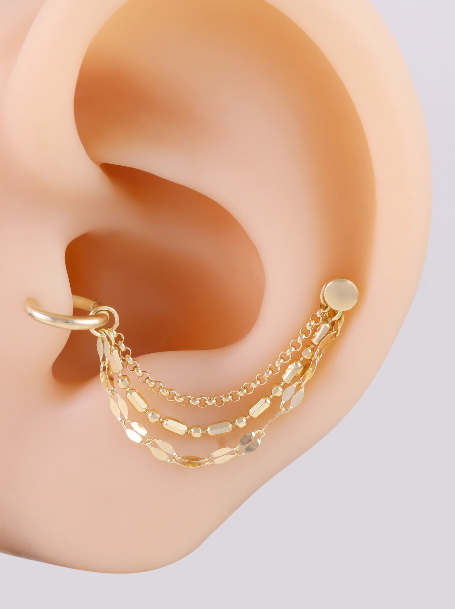 14K Solid Gold Triple Sparkly Chain Attachment Triple Sequin Chain Piercing Loop Chain Earring Dainty Cartilage Chain Linking Connector