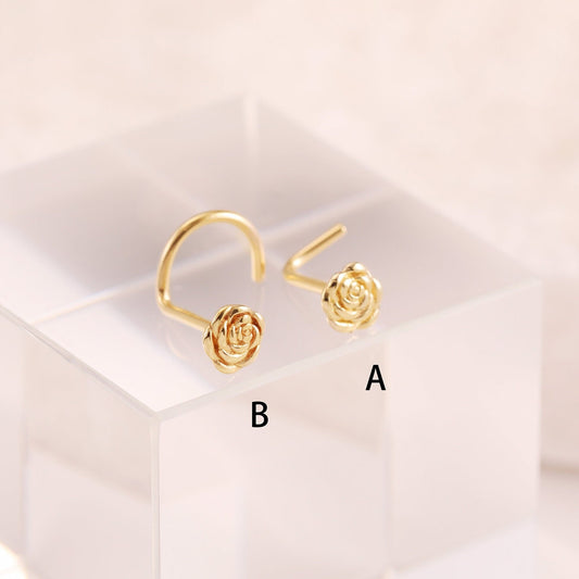 14k Solid Gold Rose Nose Stud, Tiny L Shape Flower Nose Ring, Dainty Nose Piercing, Flower S-shape Nose Stud 20g